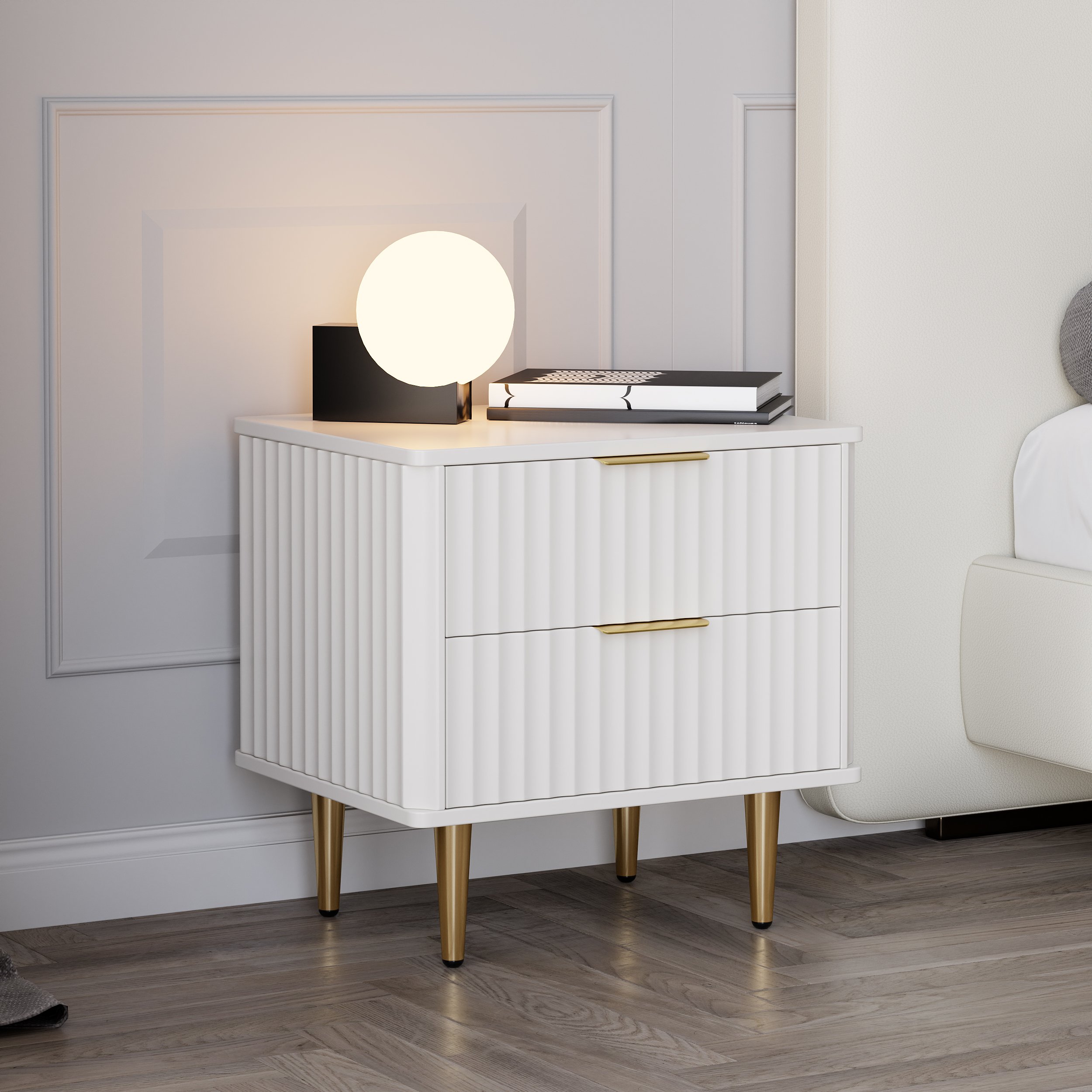 HMR Modern White Nightstand with 2 Drawers Bedside Table with Gold Legs - Set of 2