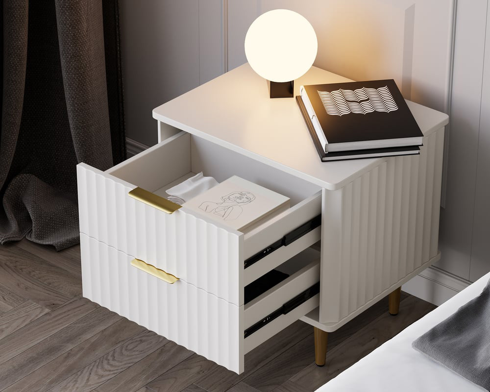 HMR Modern White Nightstand with 2 Drawers Bedside Table with Gold Legs - Set of 2