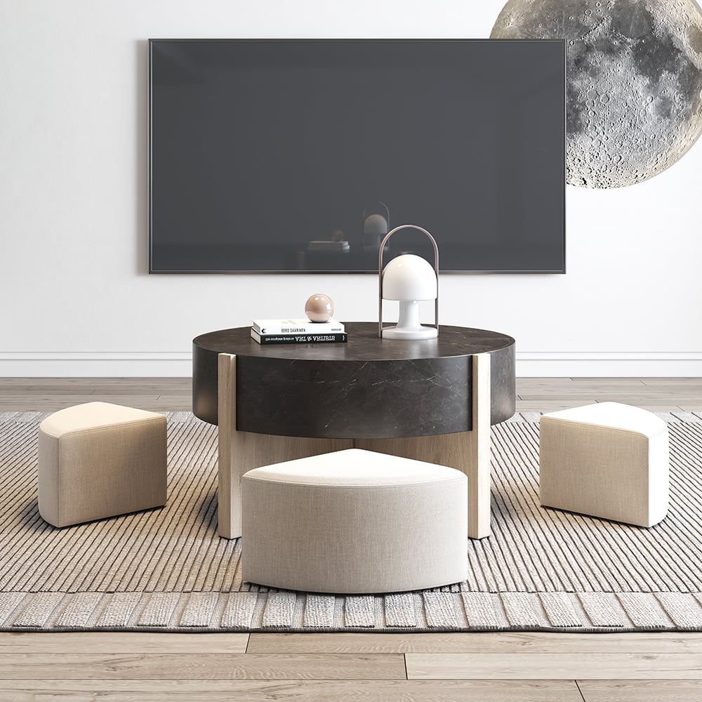 HMR - Round Nesting Coffee Table with 4 Stool & 2 Drawers in Distressed Gray