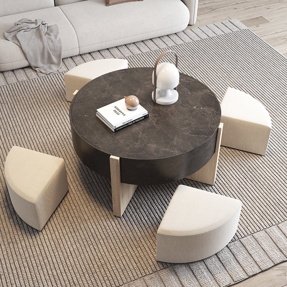 HMR - Round Nesting Coffee Table with 4 Stool & 2 Drawers in Distressed Gray