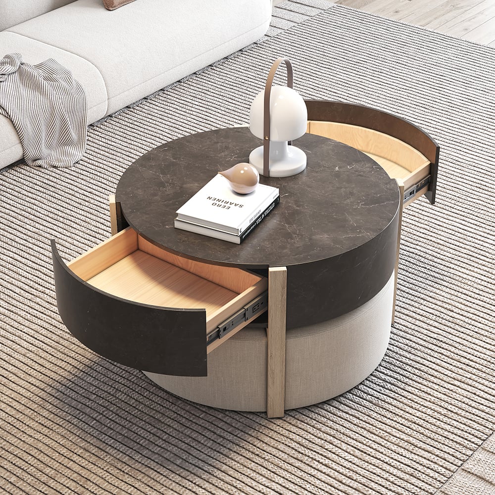 HMR - Round Nesting Coffee Table with 4 Stool & 2 Drawers in Distressed Gray