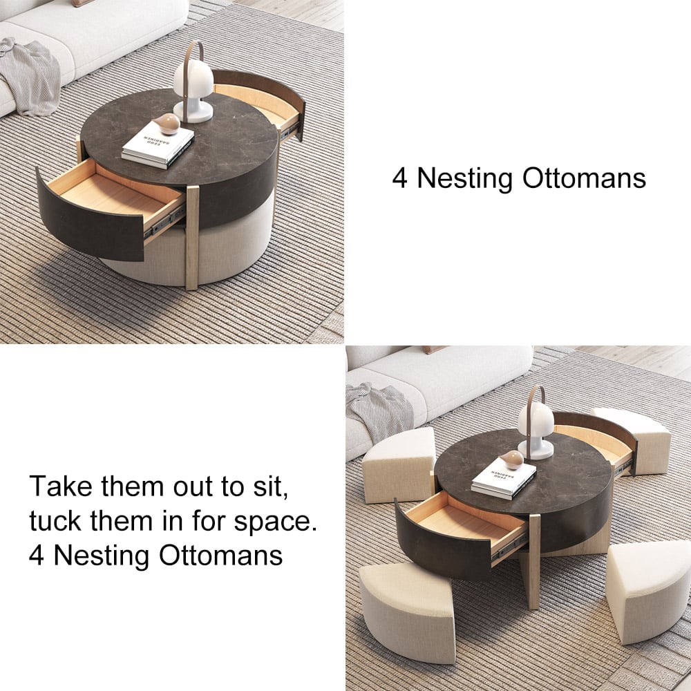 HMR - Round Nesting Coffee Table with 4 Stool & 2 Drawers in Distressed Gray