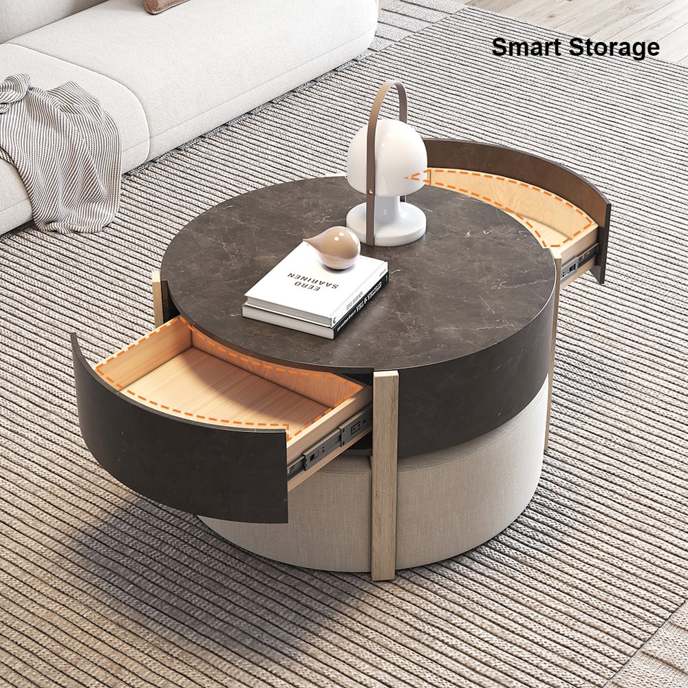 HMR - Round Nesting Coffee Table with 4 Stool & 2 Drawers in Distressed Gray