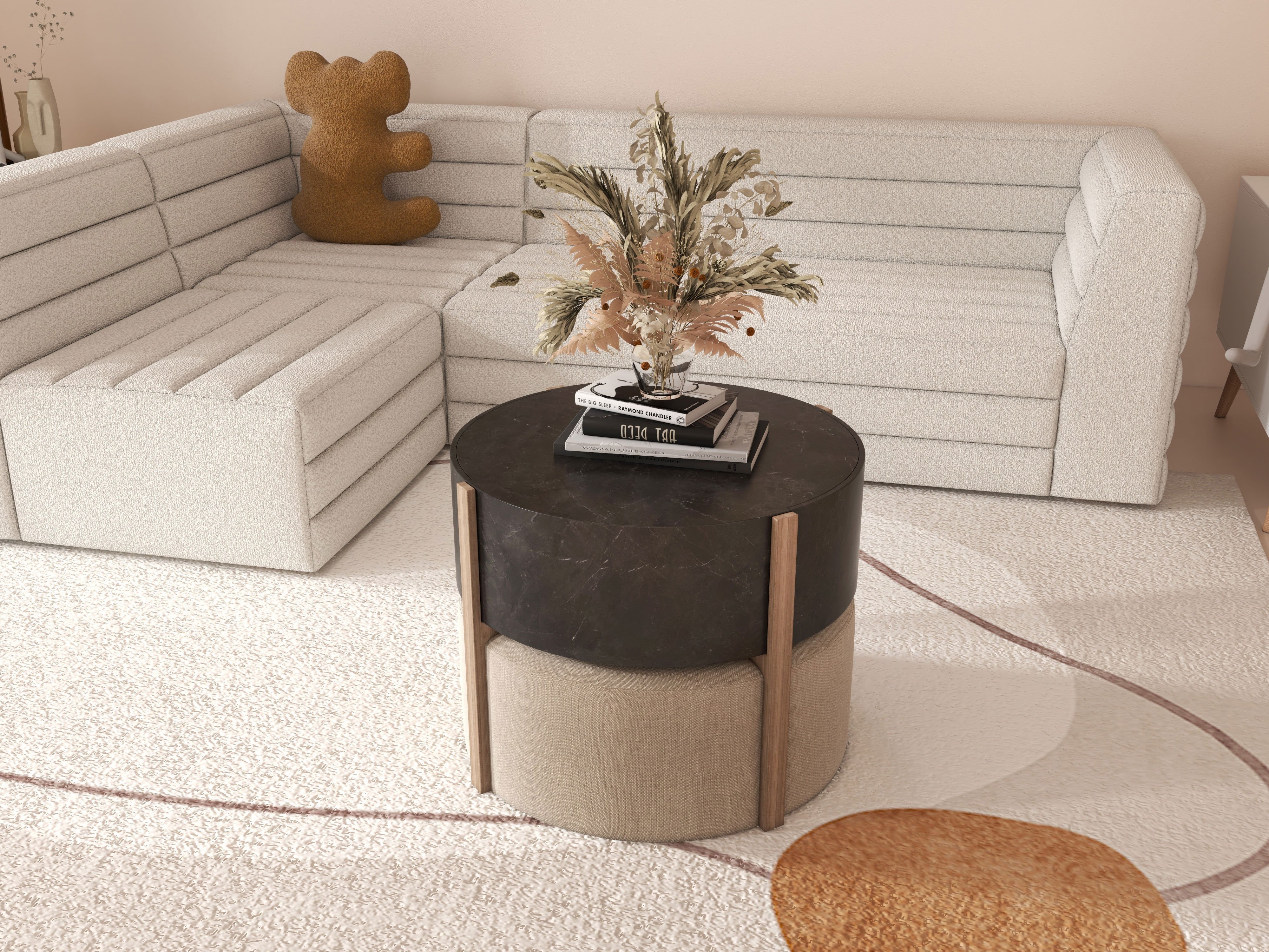 HMR - Round Nesting Coffee Table with 4 Stool & 2 Drawers in Distressed Gray