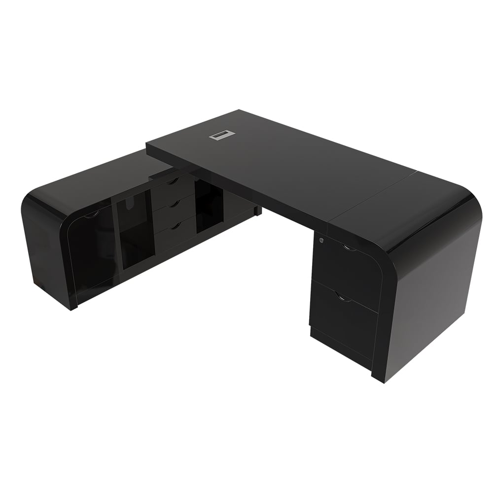 HMR L-shaped Modern Executive Desk & Reclining Leather Office Chair - Black, 70.9"L x 63.0"W x 29.9"H, Left Hand