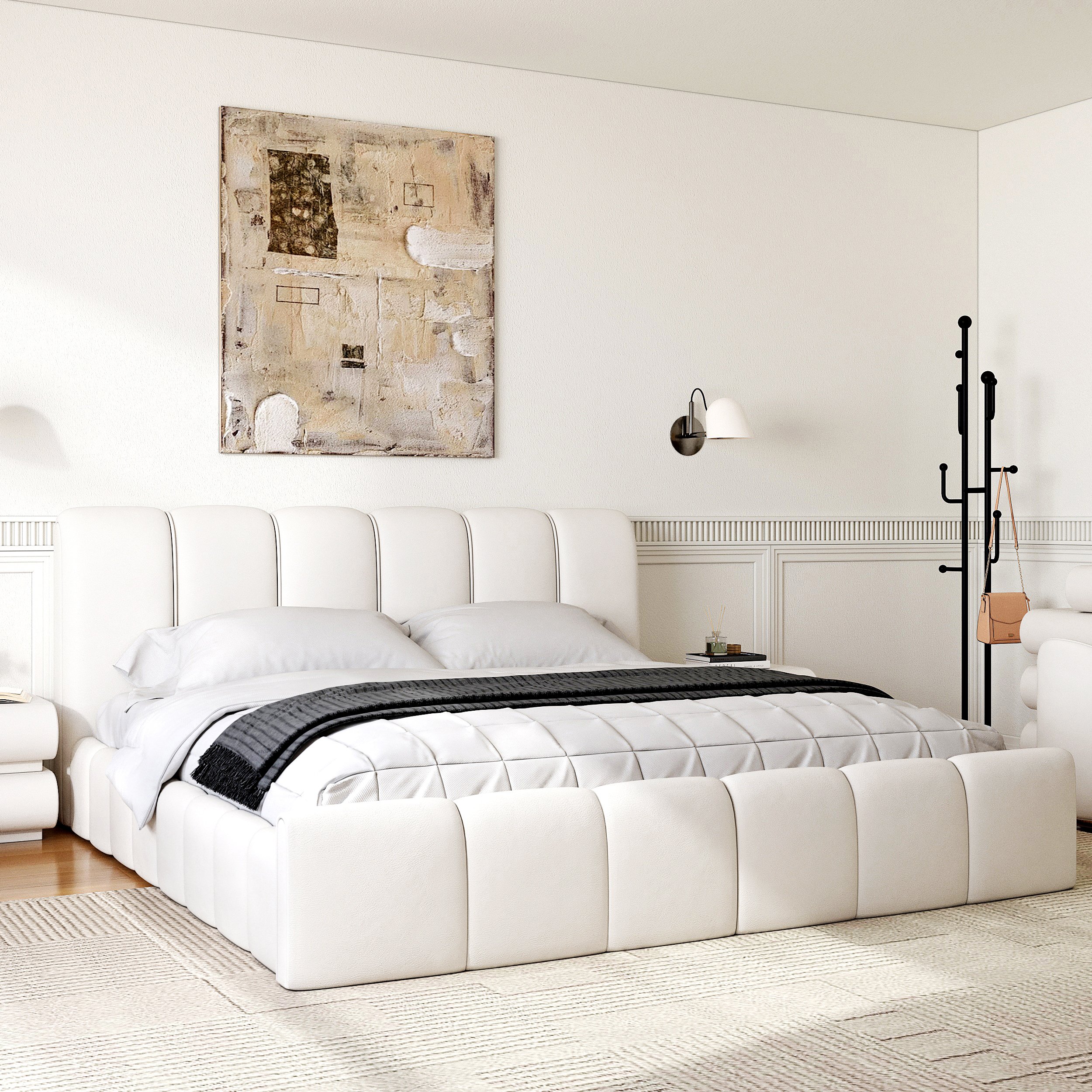 HMR Humply White Leather Wingback King Bed Frame - White, Bed & Makeup Vanity Set