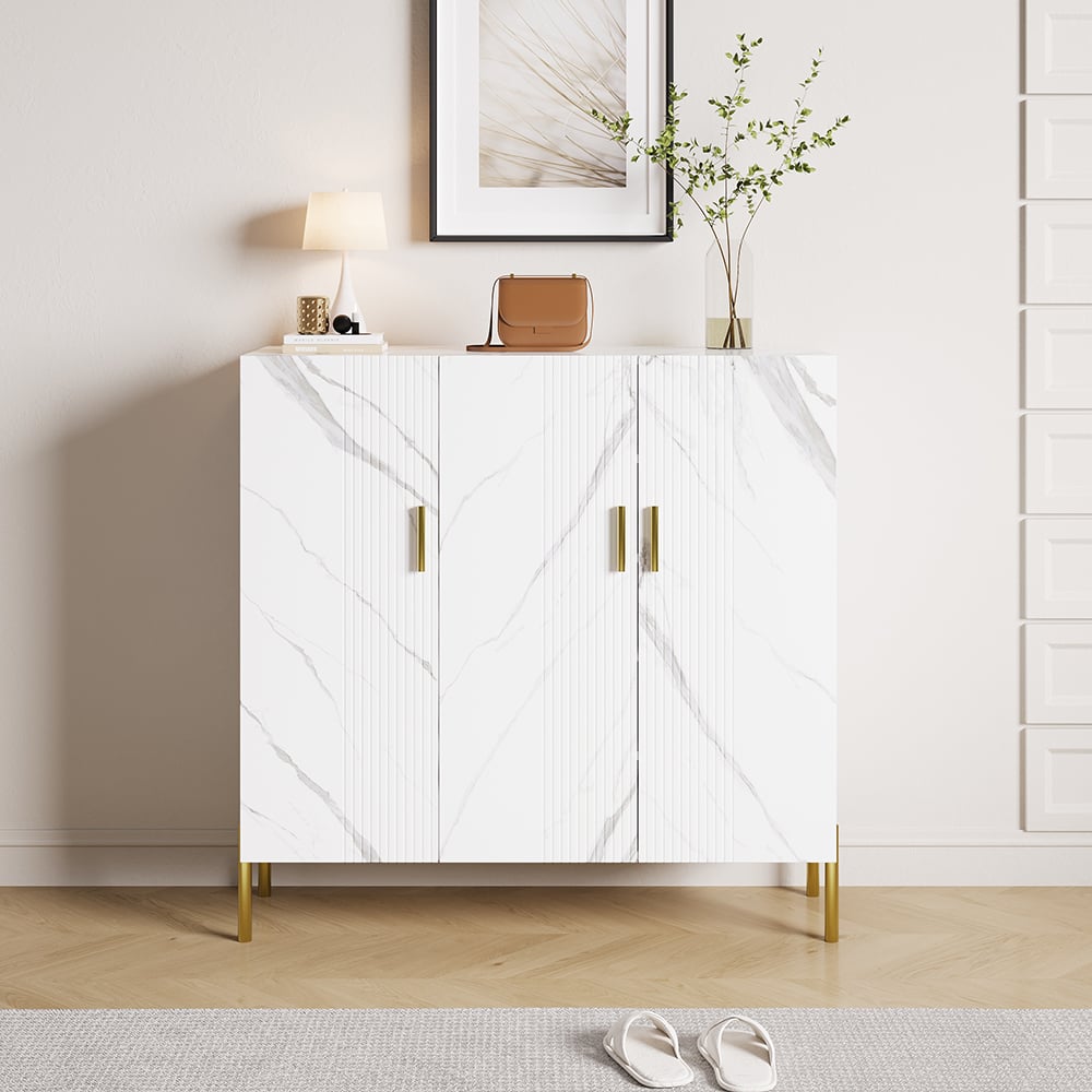 HMR - Marble Texture Shoe Storage Cabinet 3 Doors & 5 Shelves Entryway Closet Shoe Storage