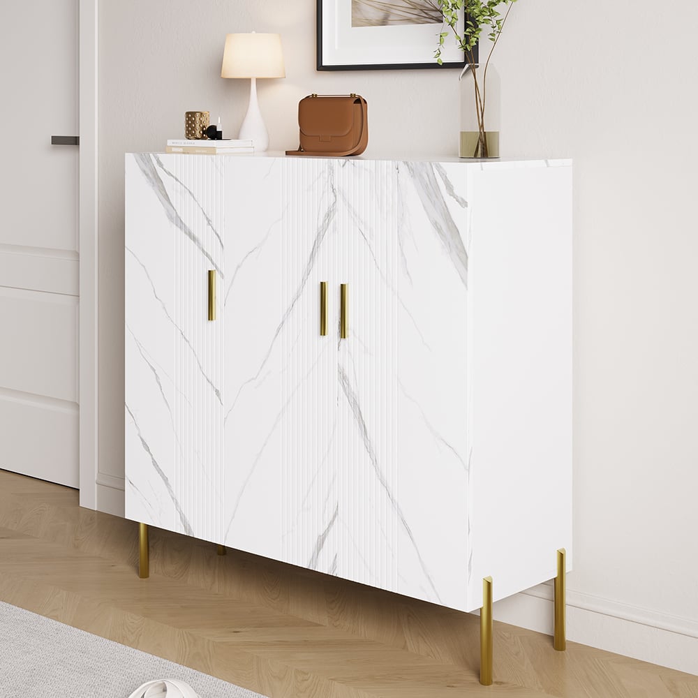 HMR - Marble Texture Shoe Storage Cabinet 3 Doors & 5 Shelves Entryway Closet Shoe Storage