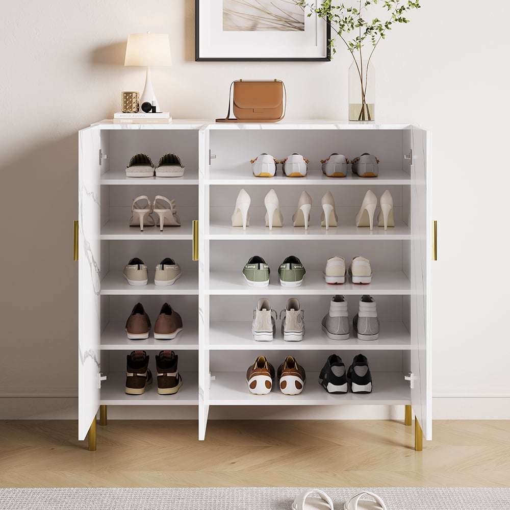 HMR - Marble Texture Shoe Storage Cabinet 3 Doors & 5 Shelves Entryway Closet Shoe Storage