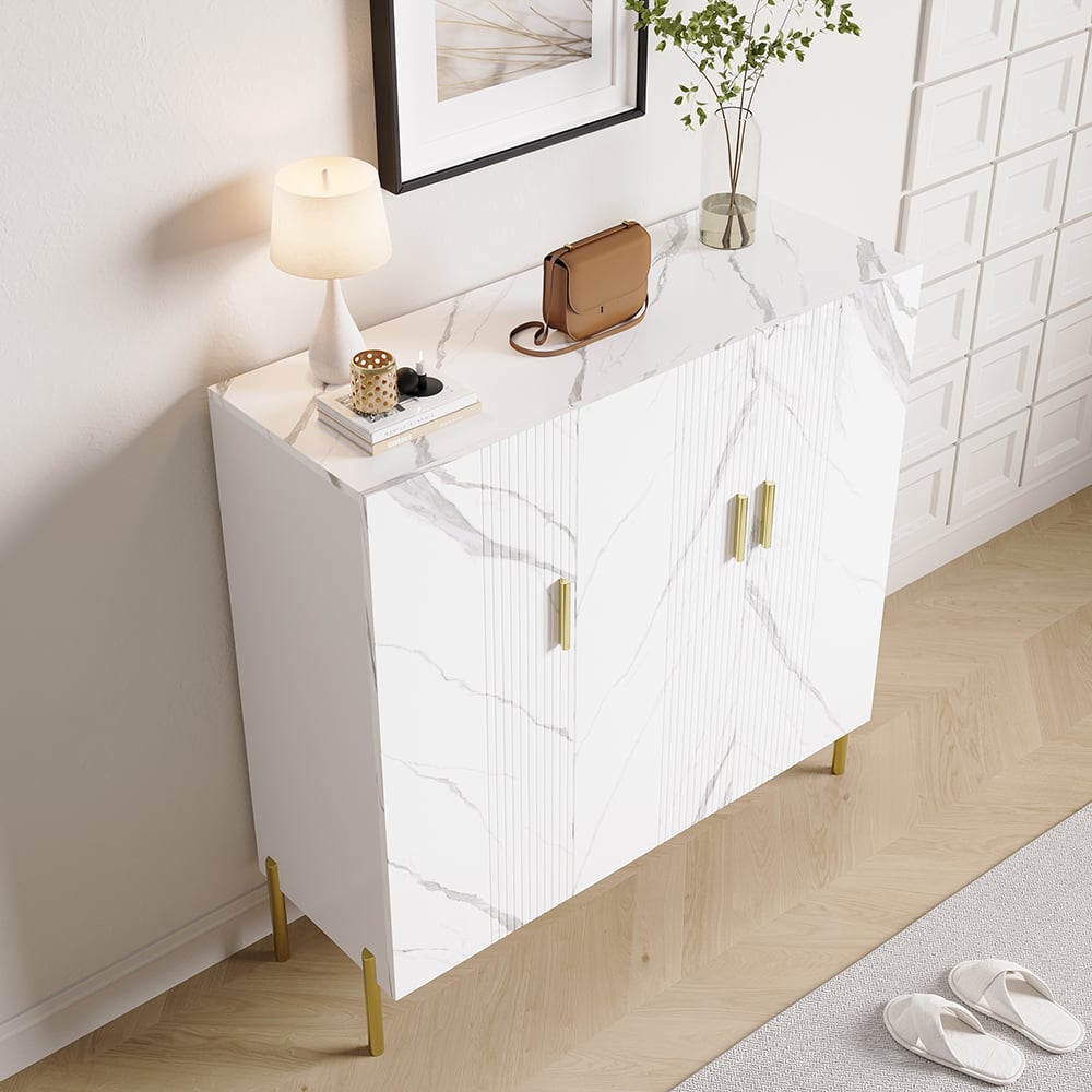 HMR - Marble Texture Shoe Storage Cabinet 3 Doors & 5 Shelves Entryway Closet Shoe Storage