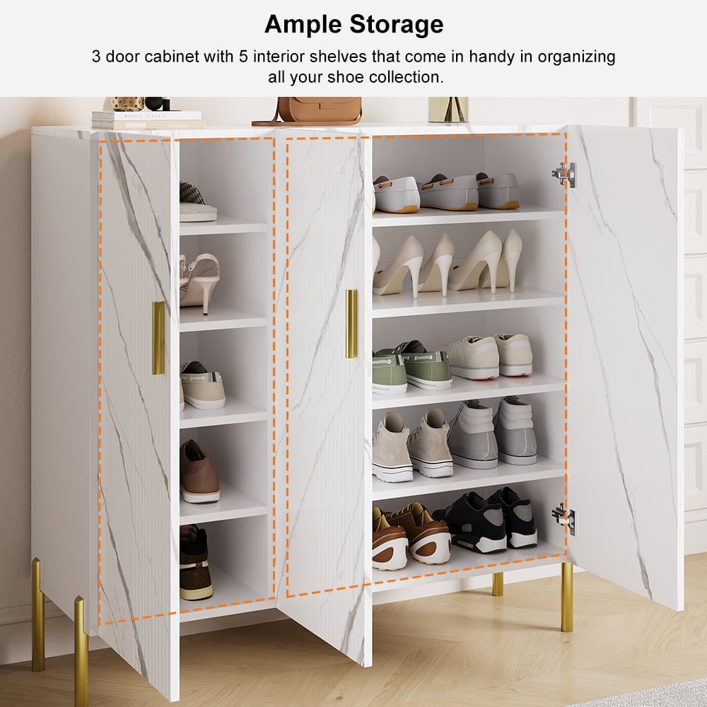 HMR - Marble Texture Shoe Storage Cabinet 3 Doors & 5 Shelves Entryway Closet Shoe Storage