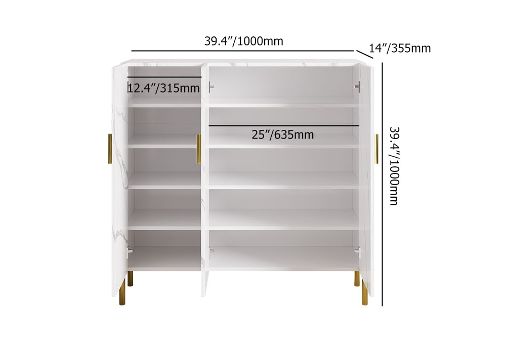 HMR - Marble Texture Shoe Storage Cabinet 3 Doors & 5 Shelves Entryway Closet Shoe Storage