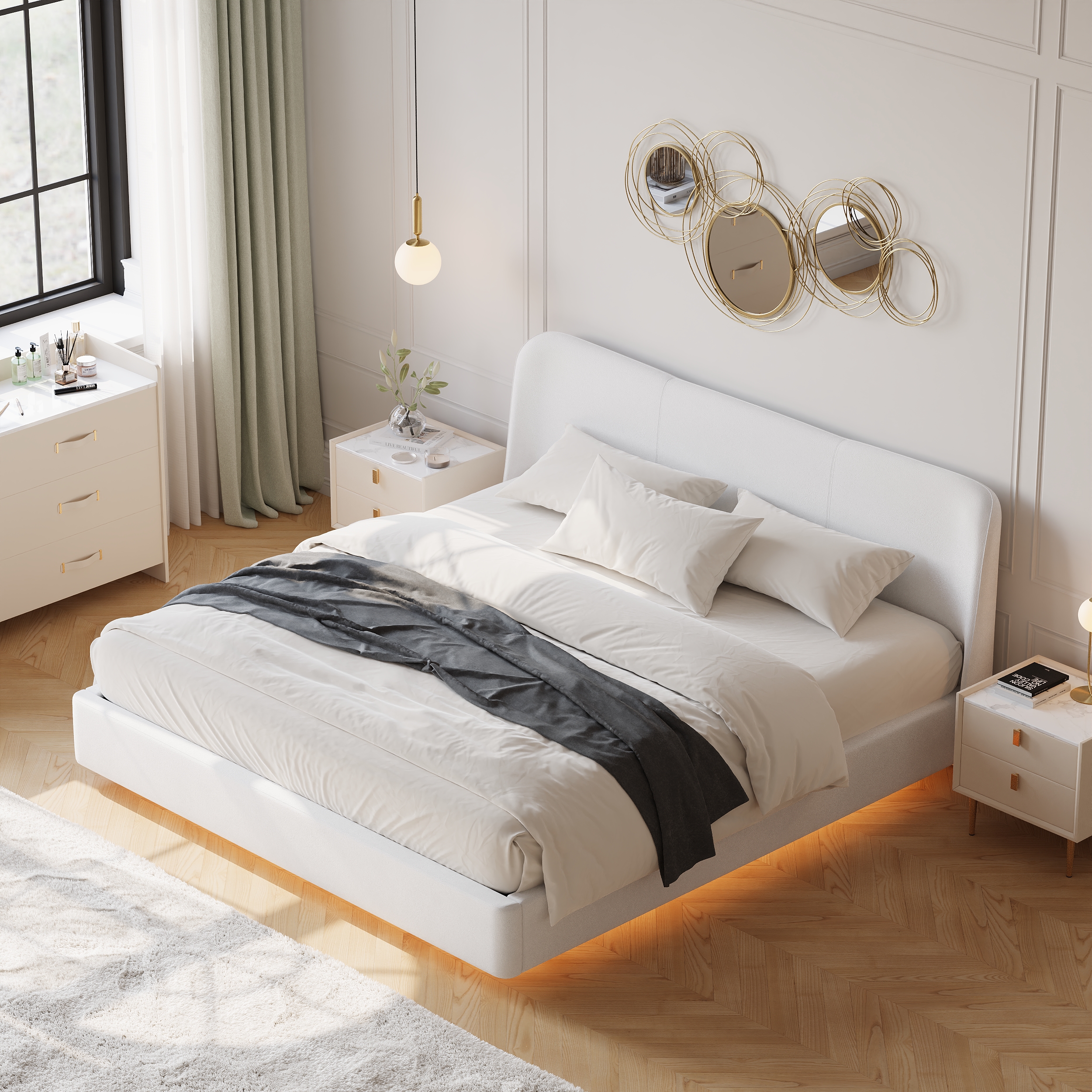 HMR - Modern White Velvet King Floating Wingback Bed with Storage & Light