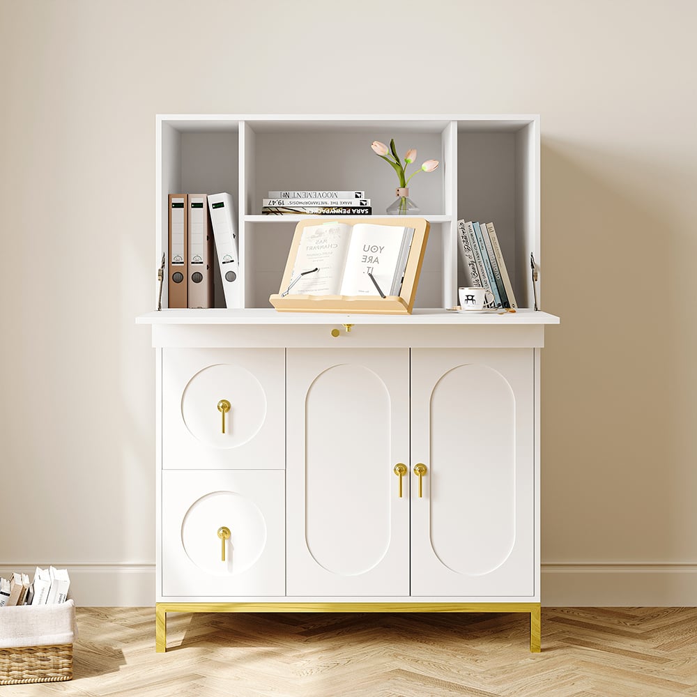 HMR - 39.4" Modern White & Gold Secretary Desk with 3 Drawers and 3 Doors Flip Design