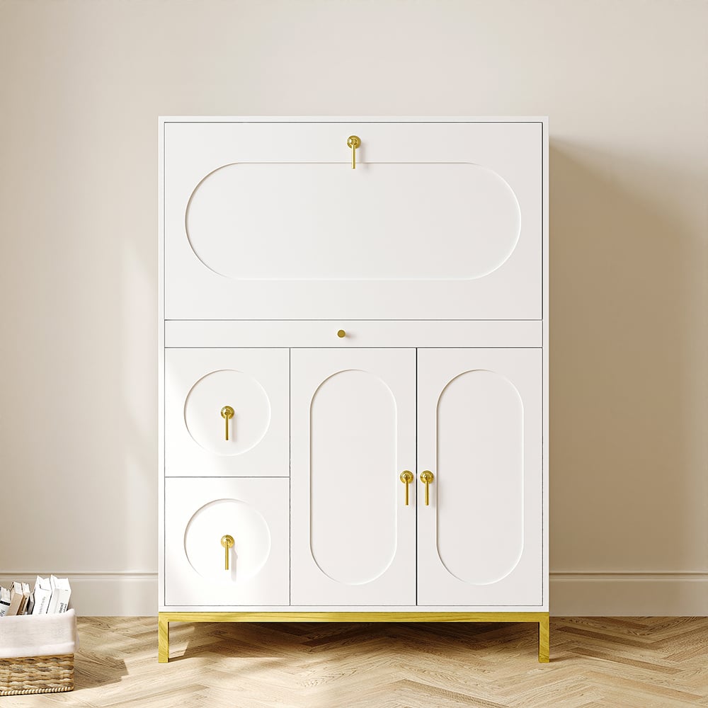 HMR - 39.4" Modern White & Gold Secretary Desk with 3 Drawers and 3 Doors Flip Design