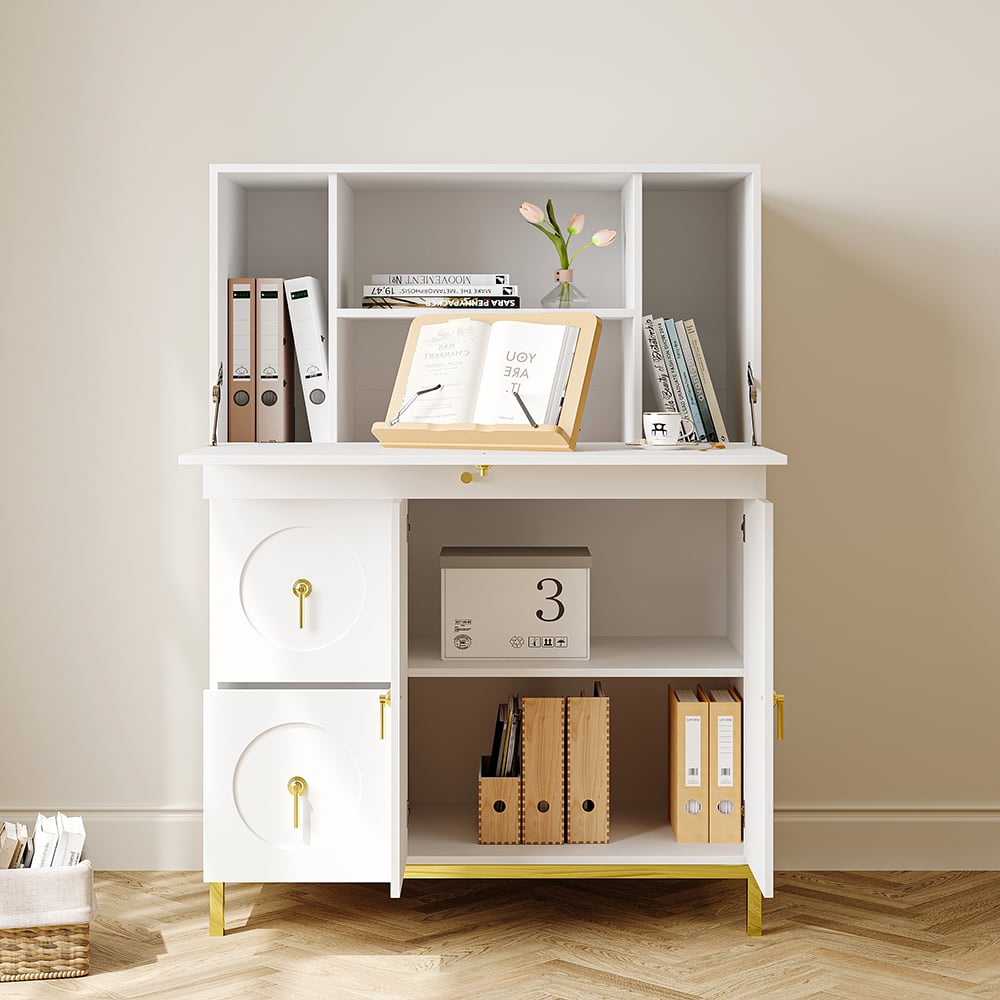 HMR - 39.4" Modern White & Gold Secretary Desk with 3 Drawers and 3 Doors Flip Design