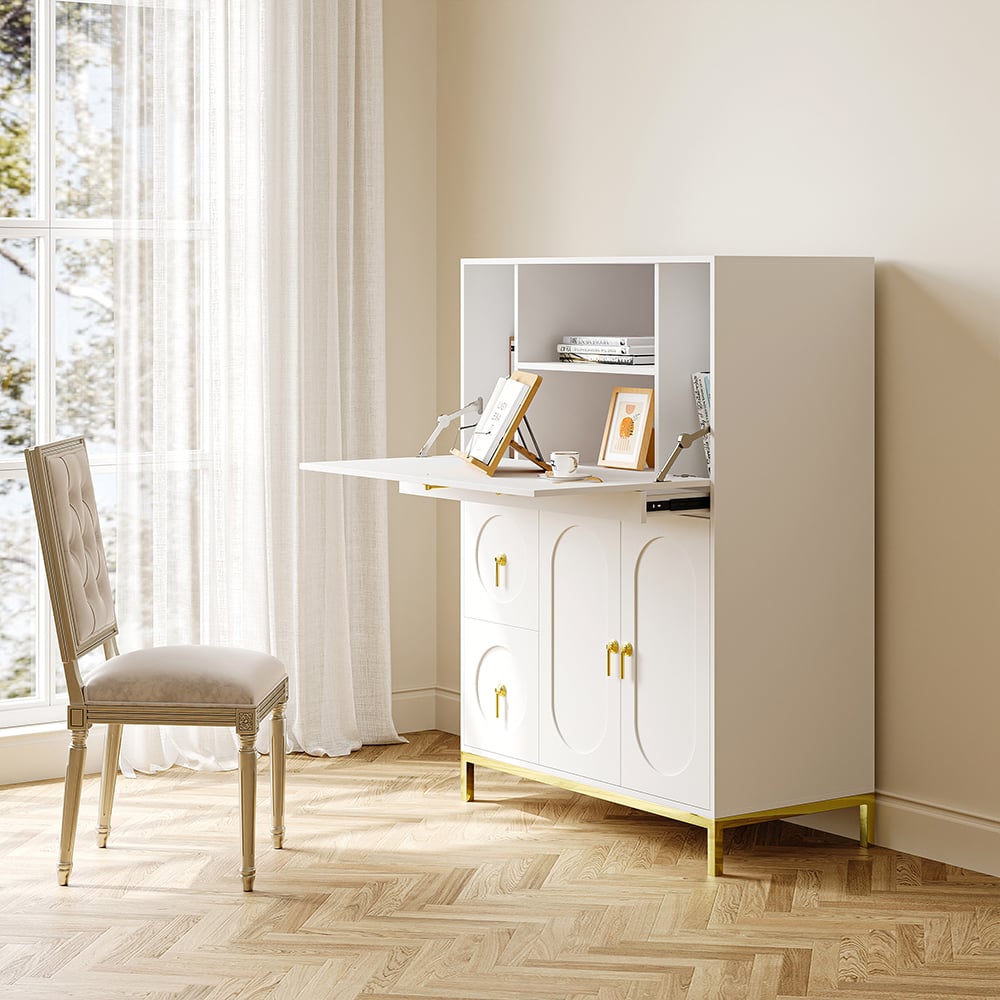 HMR - 39.4" Modern White & Gold Secretary Desk with 3 Drawers and 3 Doors Flip Design