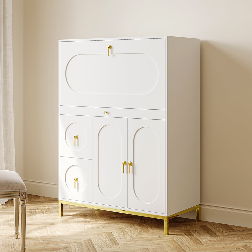 HMR - 39.4" Modern White & Gold Secretary Desk with 3 Drawers and 3 Doors Flip Design