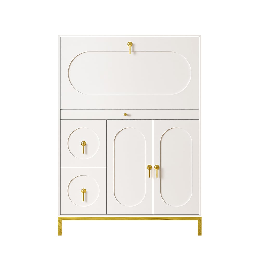 HMR - 39.4" Modern White & Gold Secretary Desk with 3 Drawers and 3 Doors Flip Design