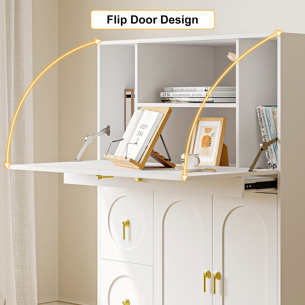 HMR - 39.4" Modern White & Gold Secretary Desk with 3 Drawers and 3 Doors Flip Design