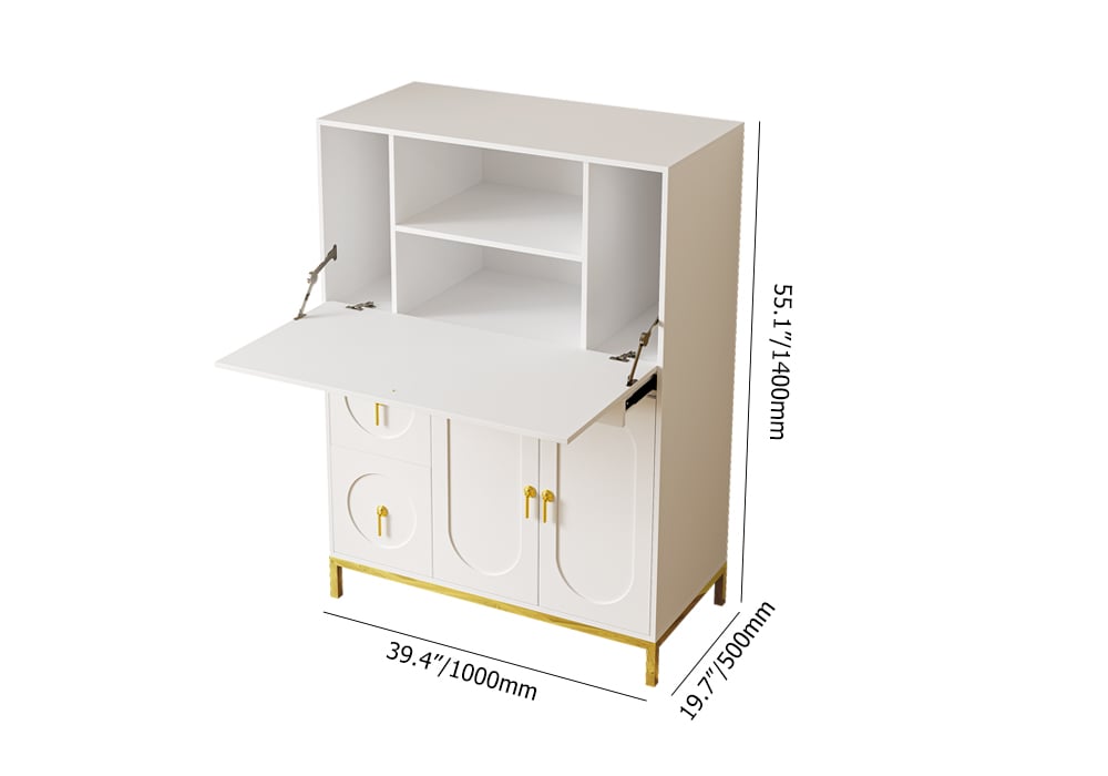 HMR - 39.4" Modern White & Gold Secretary Desk with 3 Drawers and 3 Doors Flip Design