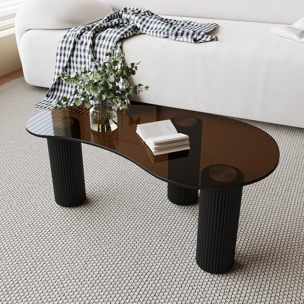 HMR Modern Coffee Table with Tempered Glass & 3 Legs - Black
