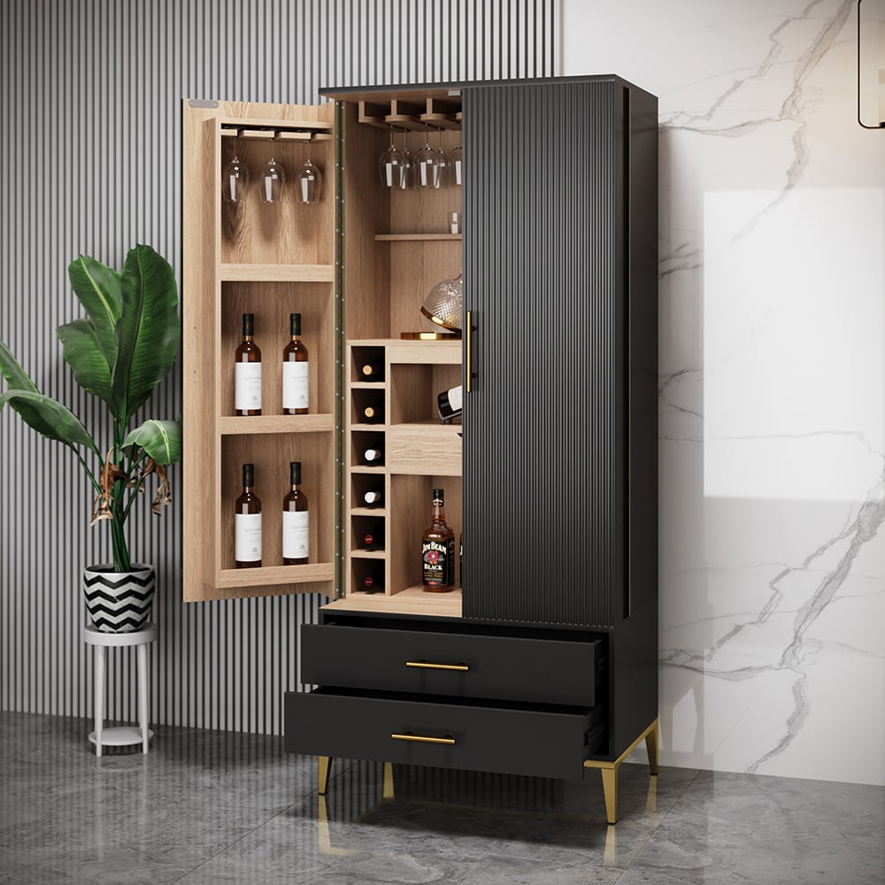 HMR - Black Bar Cabinet with Door Modern Storage Home Bar Cabinet with Glass Rack&Drawers