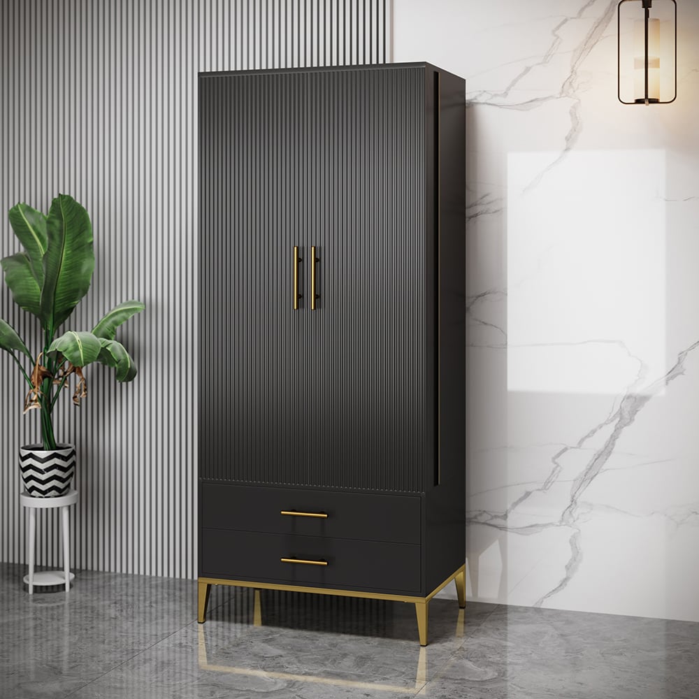 HMR - Black Bar Cabinet with Door Modern Storage Home Bar Cabinet with Glass Rack&Drawers