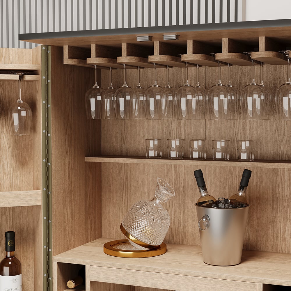 HMR - Black Bar Cabinet with Door Modern Storage Home Bar Cabinet with Glass Rack&Drawers
