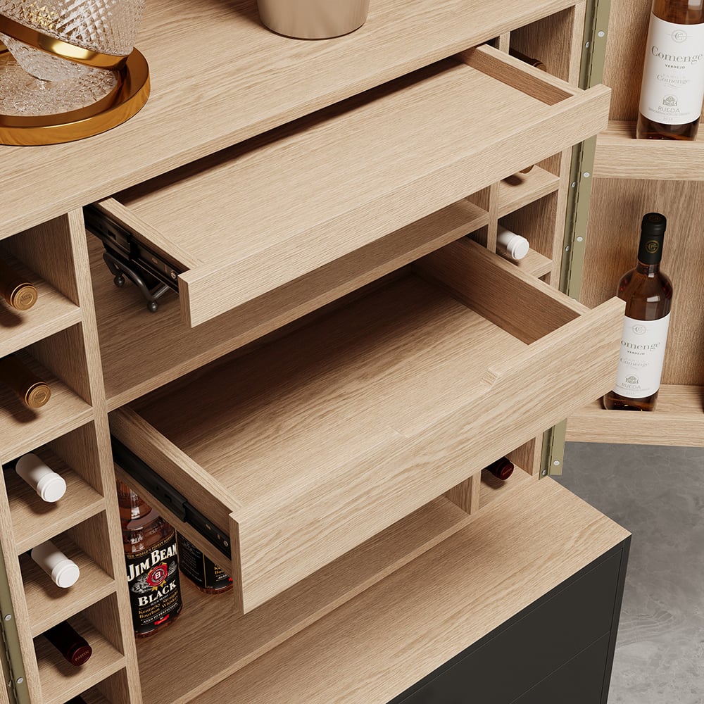 HMR - Black Bar Cabinet with Door Modern Storage Home Bar Cabinet with Glass Rack&Drawers