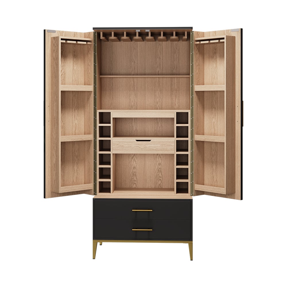 HMR - Black Bar Cabinet with Door Modern Storage Home Bar Cabinet with Glass Rack&Drawers
