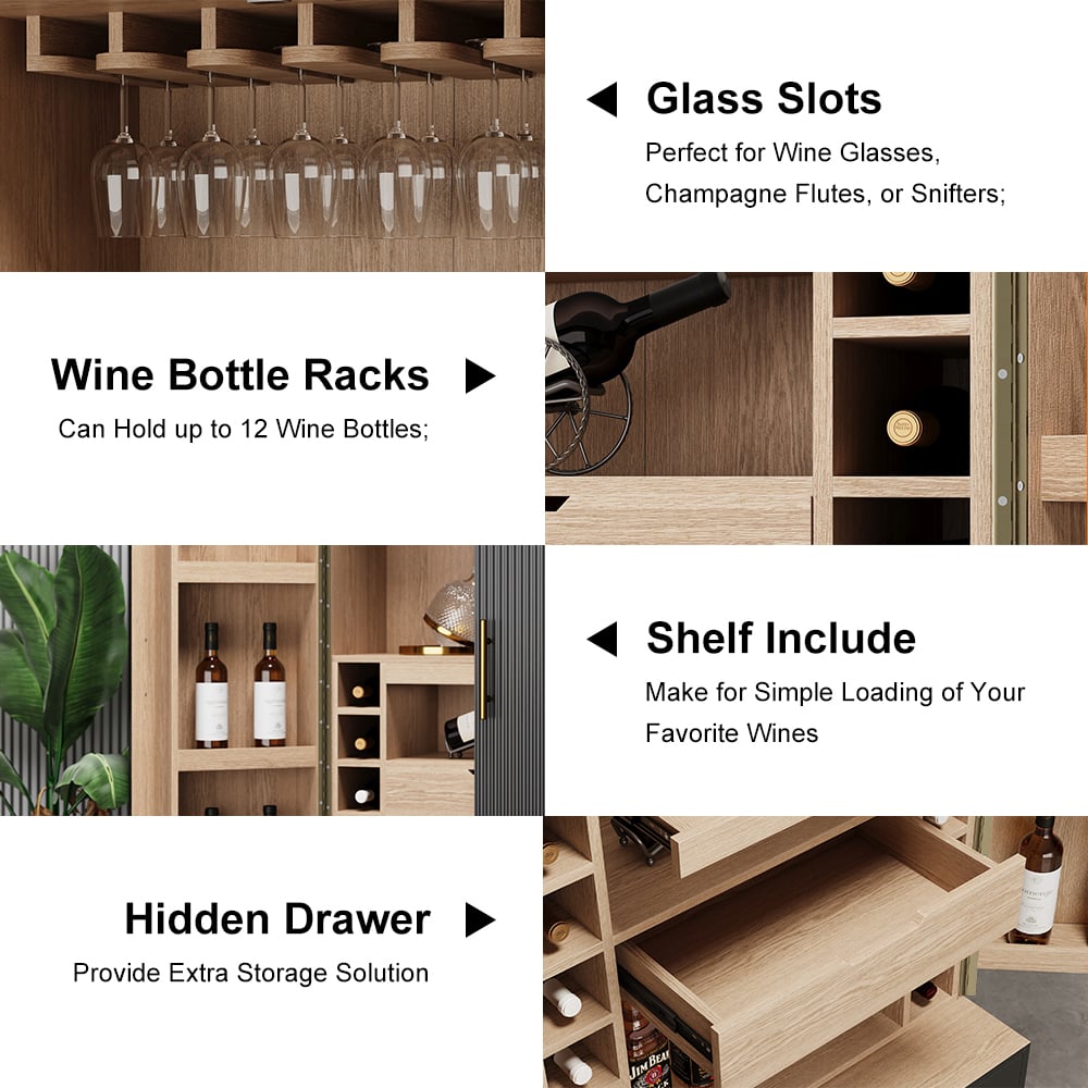 HMR - Black Bar Cabinet with Door Modern Storage Home Bar Cabinet with Glass Rack&Drawers