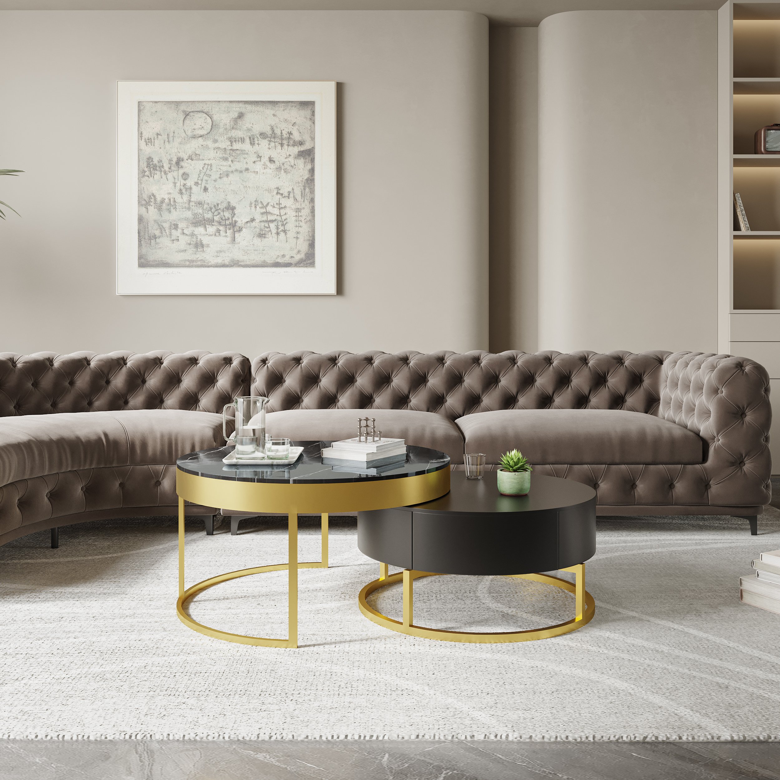 HMR Nesnesis Series Modern Round Nesting Coffee Table with Storage - Black