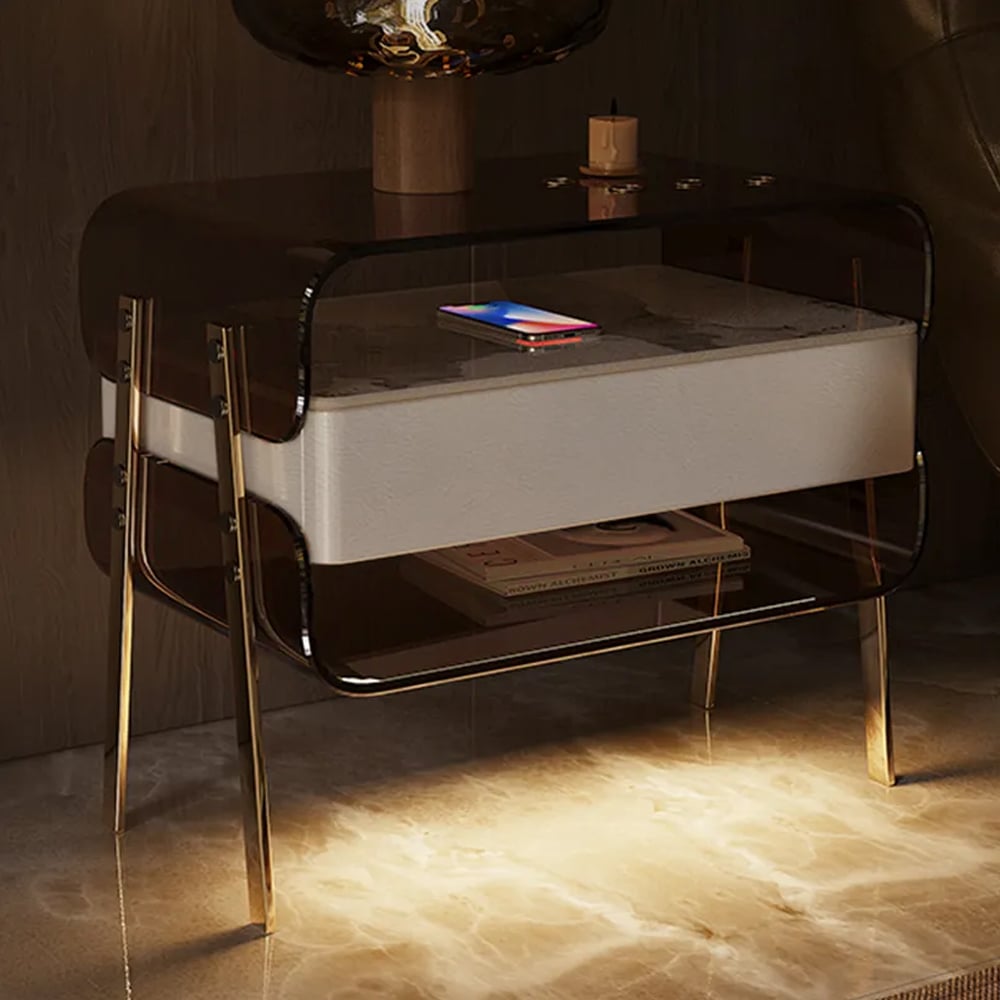 HMR - Modern Lighted Brown Nightstand with Wireless Charging Station Acrylic Bedside Table