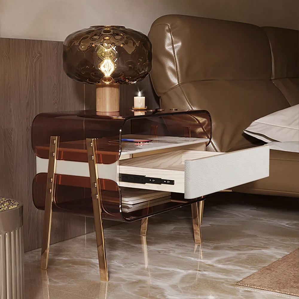 HMR - Modern Lighted Brown Nightstand with Wireless Charging Station Acrylic Bedside Table