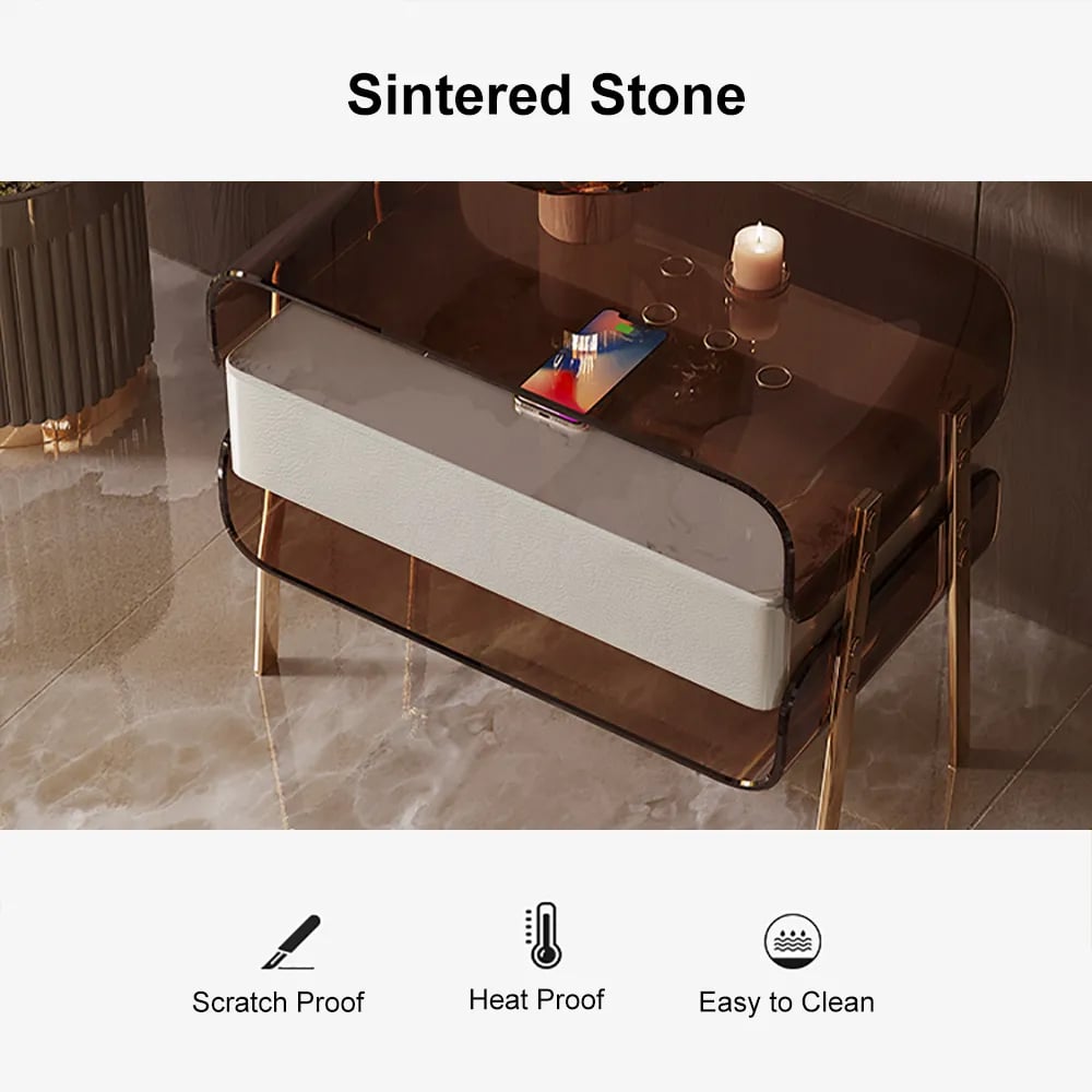 HMR - Modern Lighted Brown Nightstand with Wireless Charging Station Acrylic Bedside Table