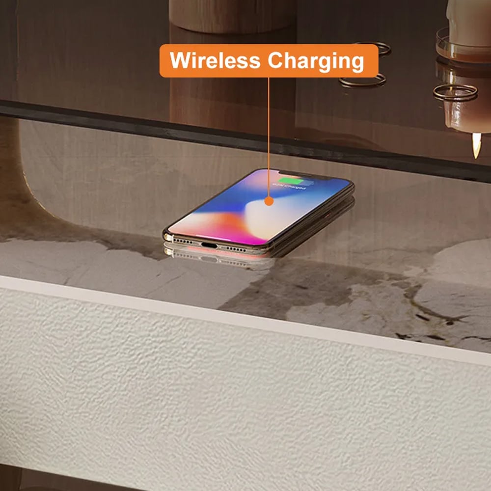 HMR - Modern Lighted Brown Nightstand with Wireless Charging Station Acrylic Bedside Table