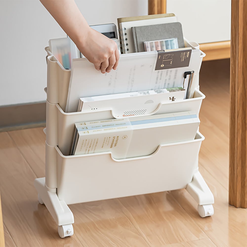 HMR - Modern 3-Tier Magazine Organizer Holder White Book Cart with Ample Open Storage