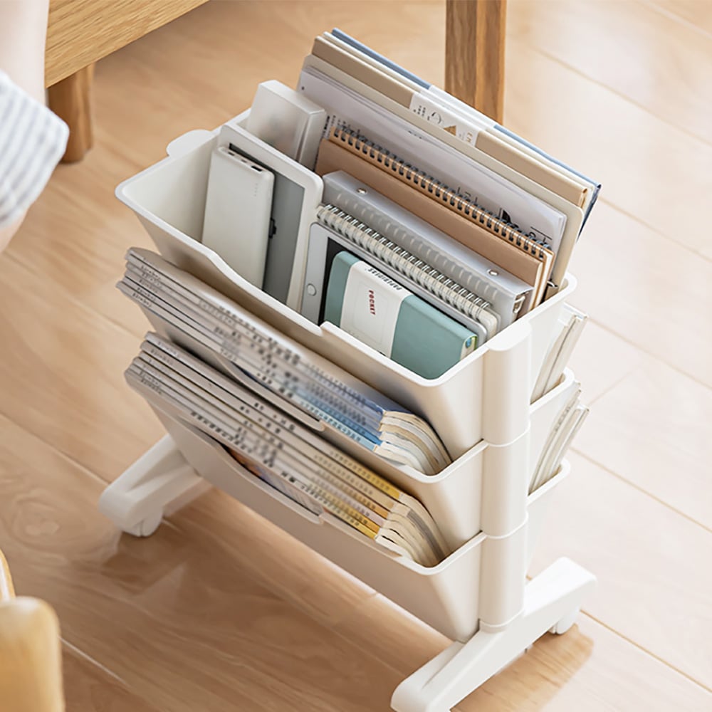 HMR - Modern 3-Tier Magazine Organizer Holder White Book Cart with Ample Open Storage