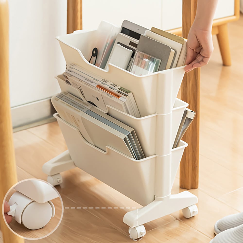 HMR - Modern 3-Tier Magazine Organizer Holder White Book Cart with Ample Open Storage