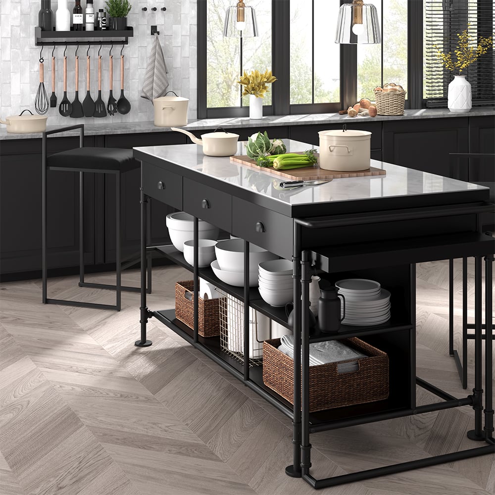 HMR - 60" Industrial Extendable Faux Marble Kitchen Islands Black with 3-Drawer