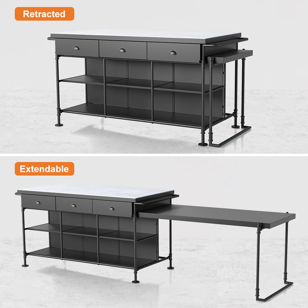 HMR - 60" Industrial Extendable Faux Marble Kitchen Islands Black with 3-Drawer