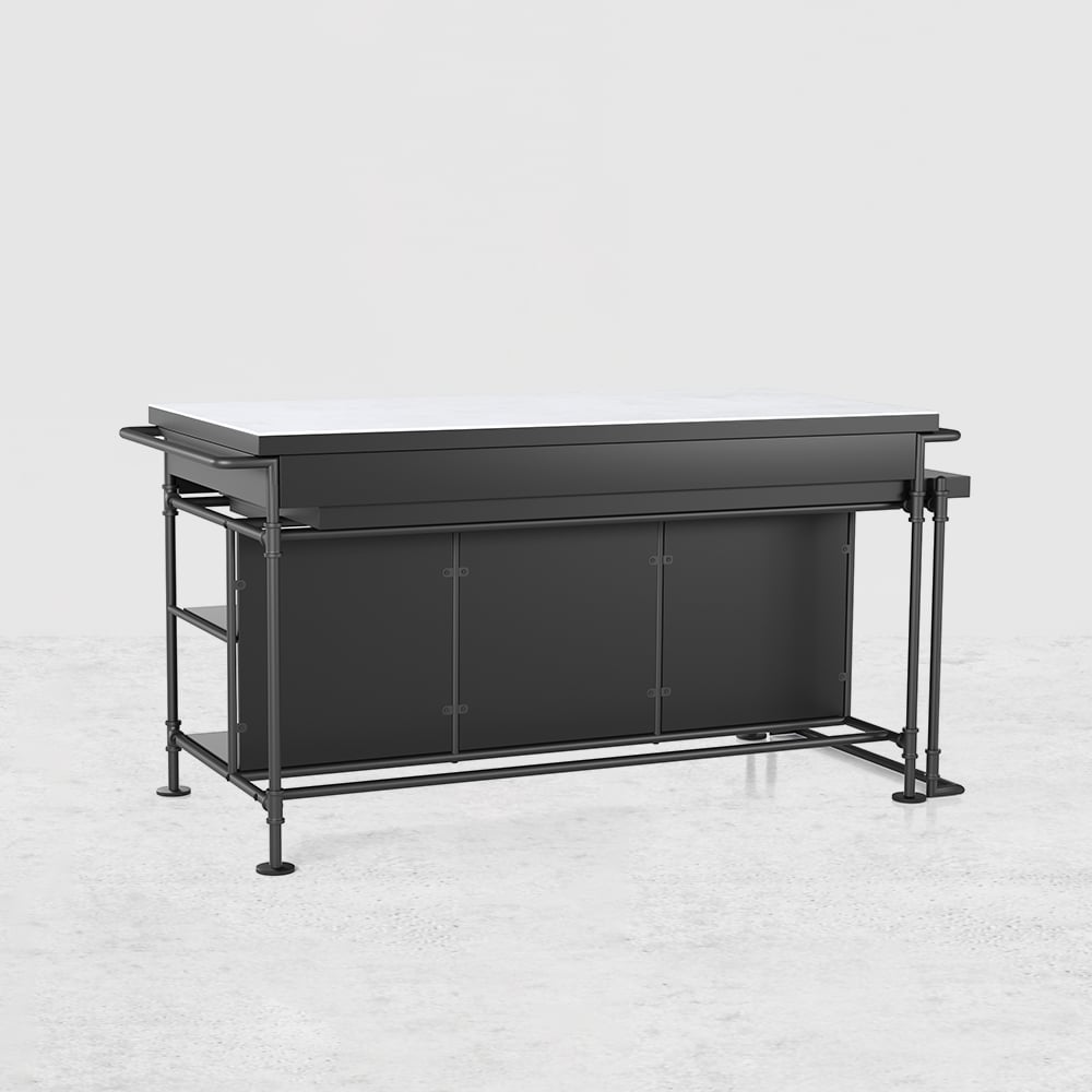 HMR - 60" Industrial Extendable Faux Marble Kitchen Islands Black with 3-Drawer