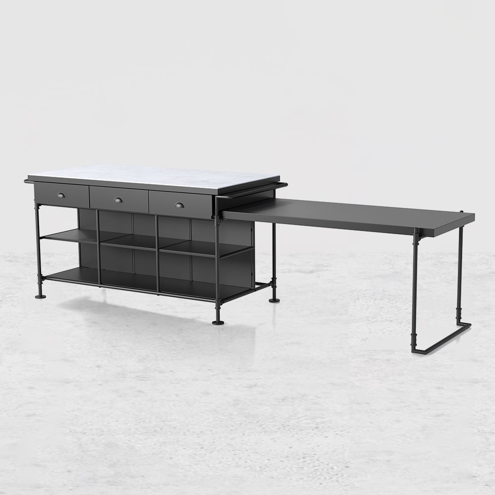 HMR - 60" Industrial Extendable Faux Marble Kitchen Islands Black with 3-Drawer