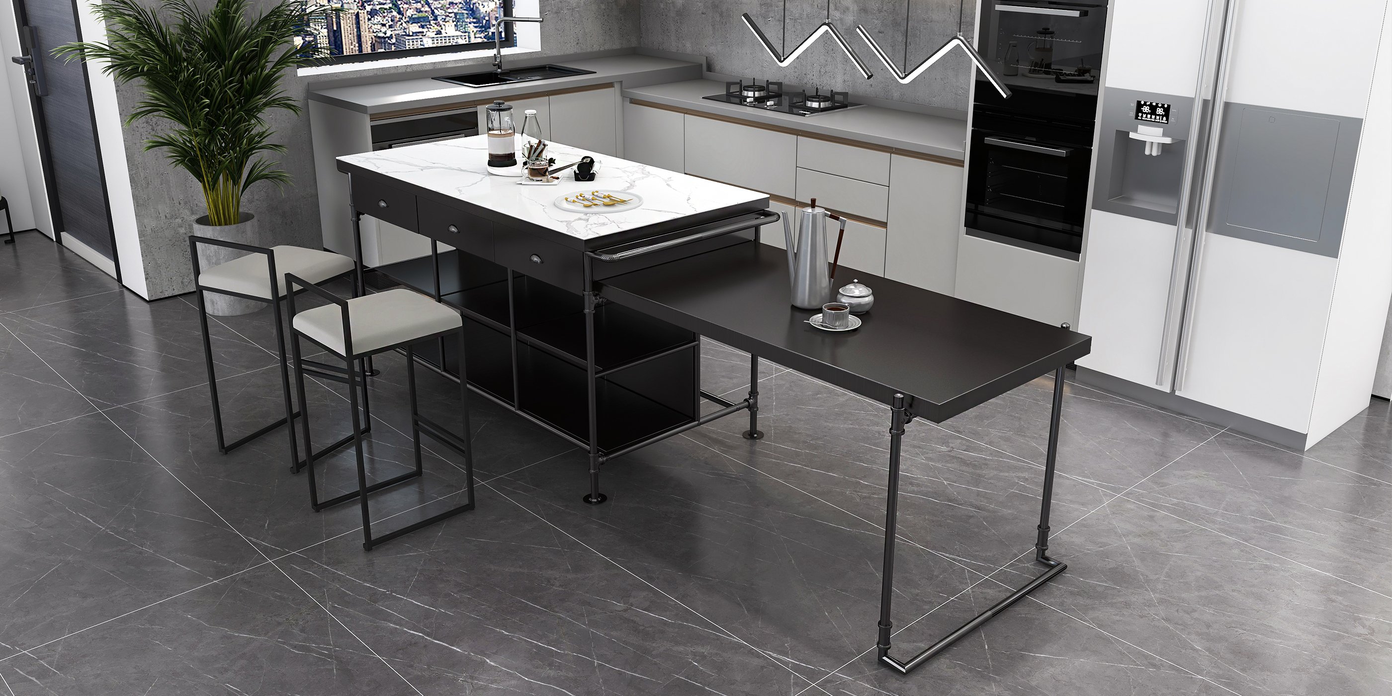 HMR - 60" Industrial Extendable Faux Marble Kitchen Islands Black with 3-Drawer