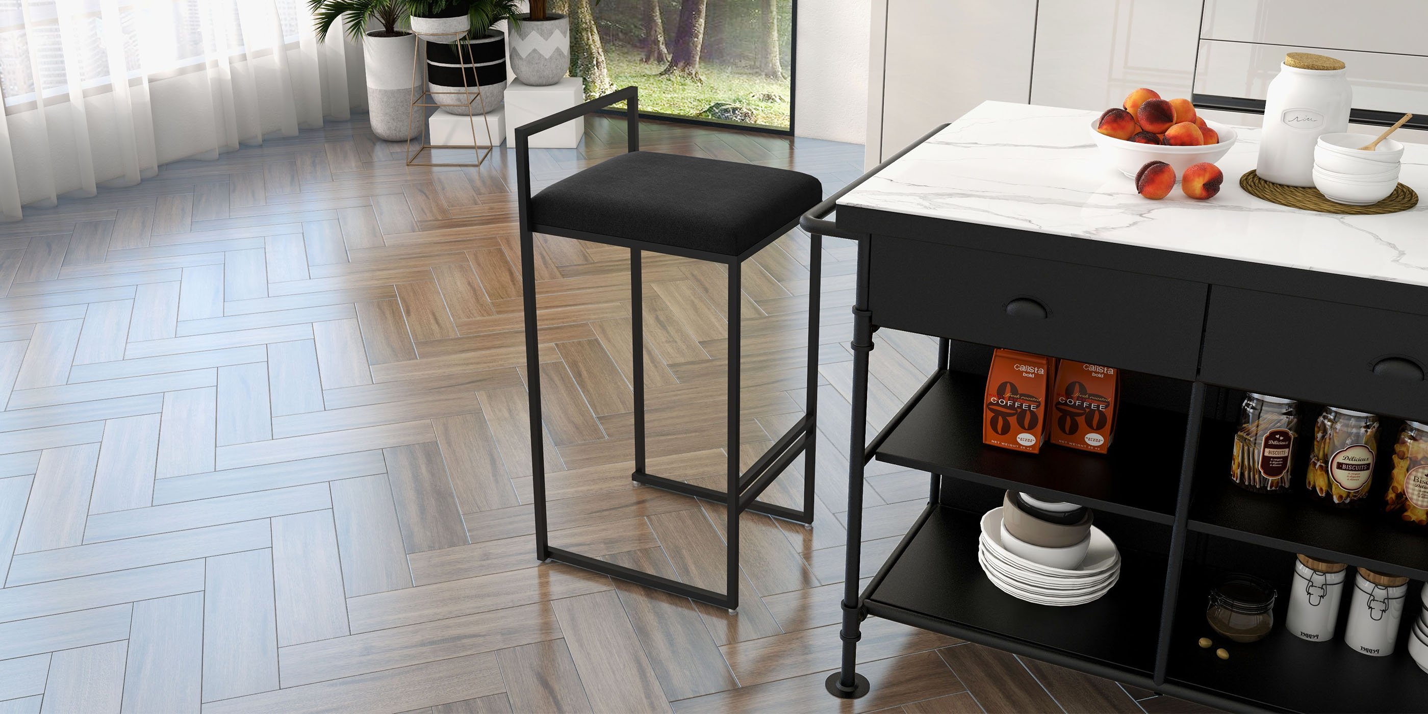 HMR - 60" Industrial Extendable Faux Marble Kitchen Islands Black with 3-Drawer
