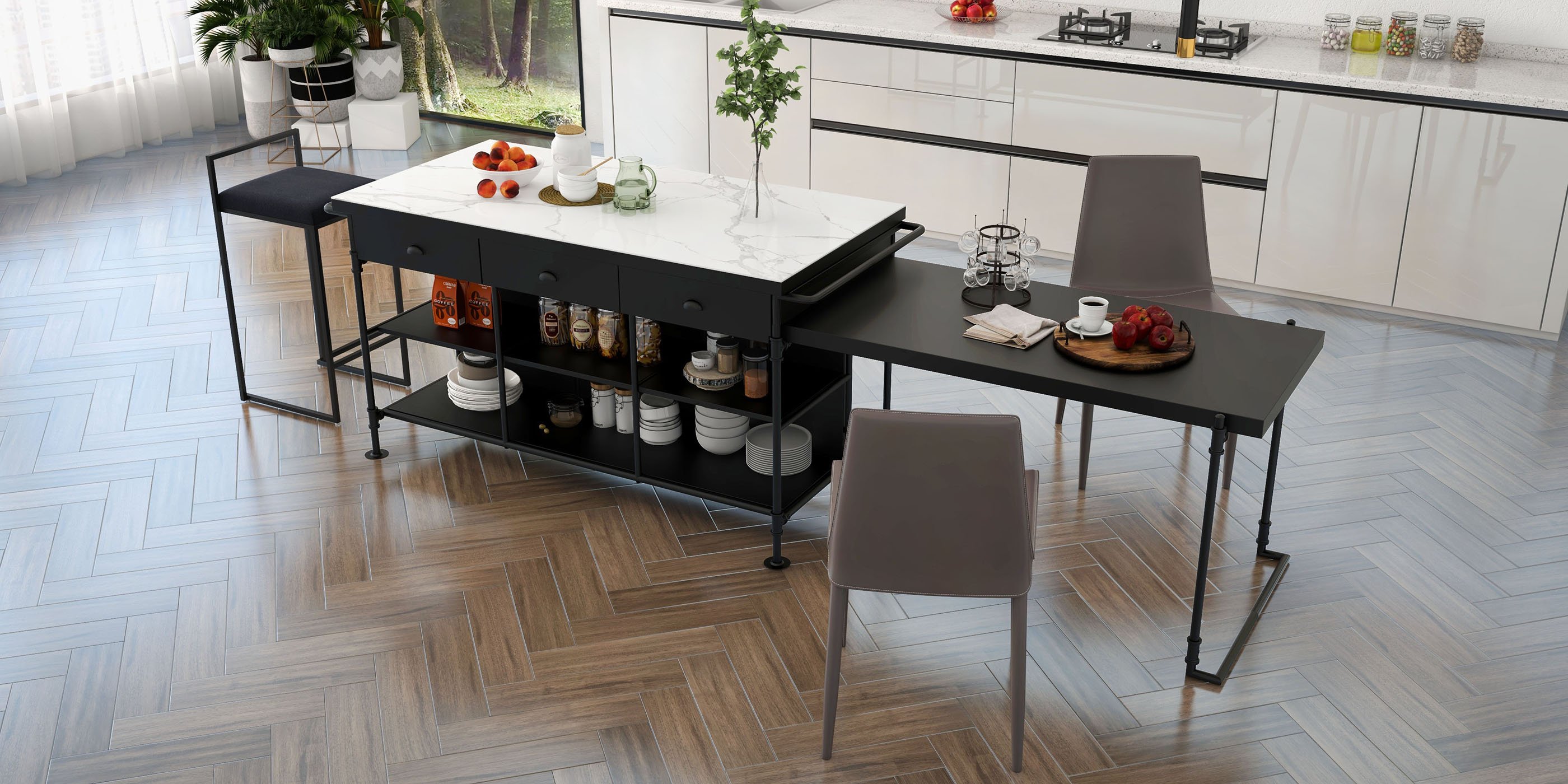 HMR - 60" Industrial Extendable Faux Marble Kitchen Islands Black with 3-Drawer