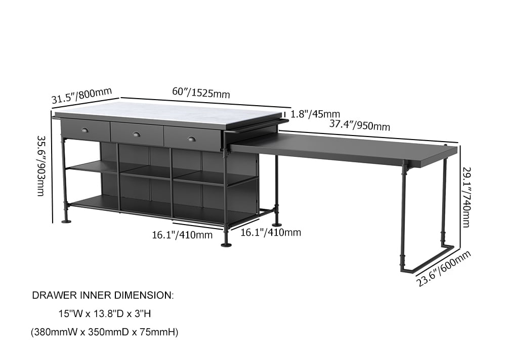 HMR - 60" Industrial Extendable Faux Marble Kitchen Islands Black with 3-Drawer
