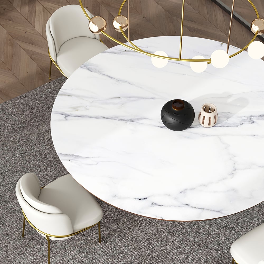 HMR - Dining Set 47.2" Round Sintered Stone Dining Table With 6 Chairs