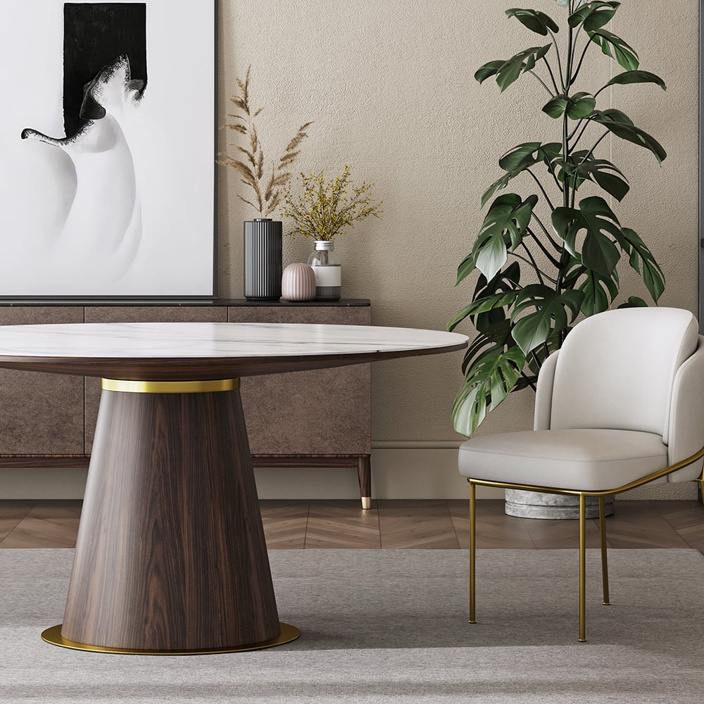 HMR - Dining Set 47.2" Round Sintered Stone Dining Table With 6 Chairs